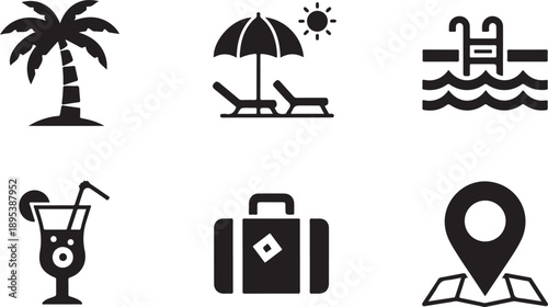 Essential travel and vacation icons illustrating leisure activities and holiday destinations