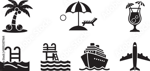 A comprehensive collection of travel and vacation flat icons illustrating various holiday activities