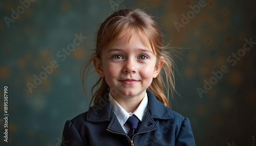 Smiling girl in a uniform against a textured background  

