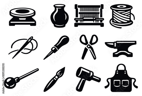 Traditional crafts and artisan tools vector icons in outline style: pottery wheel, ceramic vase, weaving loom, yarn spool, embroidery needle, leather awl, metal. Vector icons