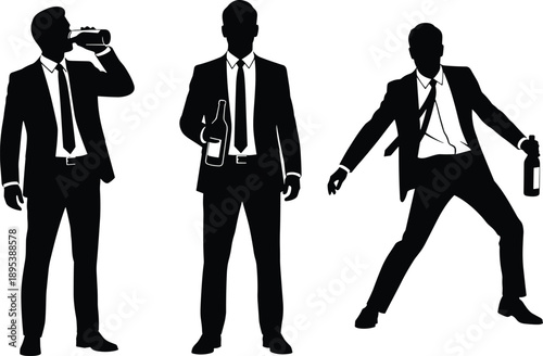 Drunk Businessman Silhouette Set with Alcohol Bottle Representing Alcohol Addiction Stress Party Lifestyle Corporate Problem Vector Illustration