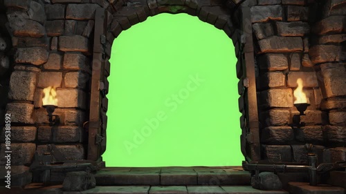 Medieval Castle Gate with Open Iron Door Animation on Green Screen Background