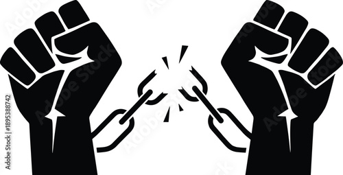 Raised fists breaking chains silhouette illustration symbolizing freedom and resistance, human rights protest concept, social justice liberation theme, powerful activism vector design