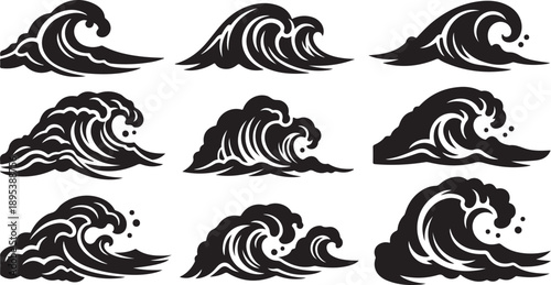 Collection of black wave icons on white background vector