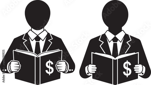 Man in suit reading book with money