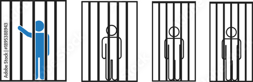 Prison cell silhouette illustration showing isolated prisoners behind bars, justice and punishment concept, human rights awareness theme, incarceration system symbol, flat vector design