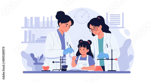 Illustration of two female scientists and a young girl working together with a microscope and laptop in a laboratory setting on International Day of Women and Girls in Science.
