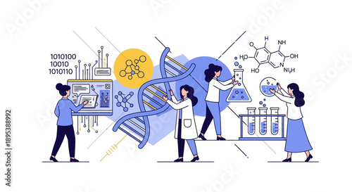 Illustration of diverse group of women scientists working together in a lab with various scientific equipment and symbols around them, conveying a sense of teamwork and study on