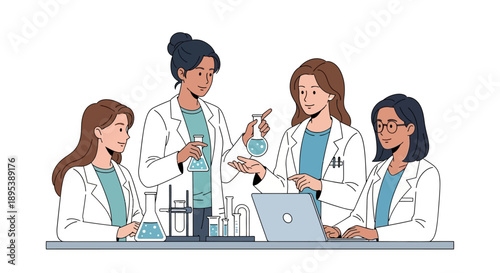 Illustration of four diverse female scientists collaborating over a laptop and examining scientific equipment in a lab setting on International Day of Women and Girls in Science.