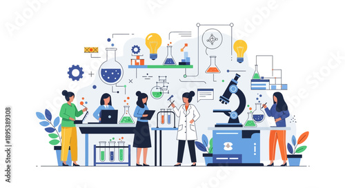 Illustration of women in science working together with laboratory equipment, laptops, and icons representing study and innovation on International Day of Women and Girls in Science.