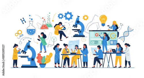 Illustration of diverse people including women and girls in science, working together with various scientific tools and icons around them, in a colorful and lively setting.