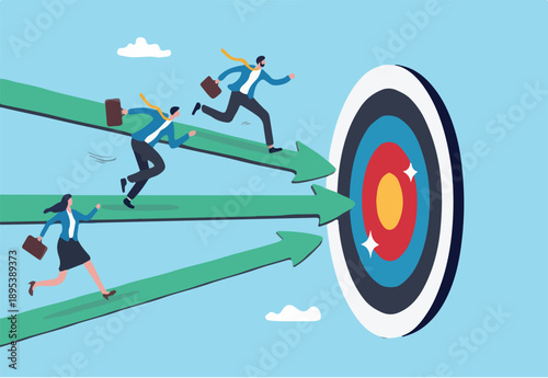 Competition or race to reach business goal or target, effort or challenge to achievement, motivation, progress or performance win business competition concept, business people run on arrow to target