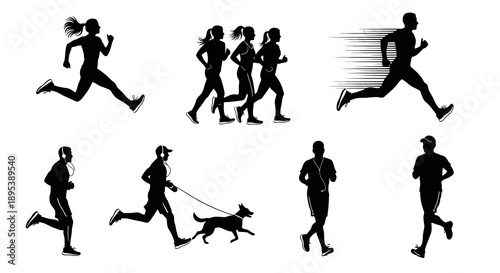 Running silhouettes vector set illustrating various individuals and groups engaged in different forms of running, including solo runners, a person running with 