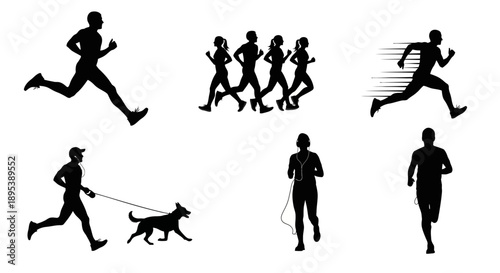 Set of black silhouettes representing various people jogging and running in different styles and poses isolated on white background depicting athletic lifestyle and outdoor cardiovascular activities