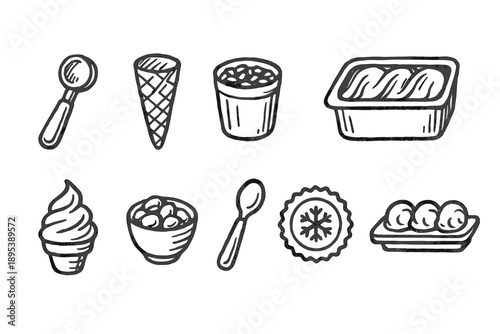 Ice cream, dessert outline icon set. Frozen treats, toppings, cones collection