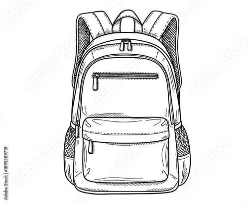 Line drawing of a backpack with multiple zippered compartments and padded straps. The sketch highlights design details, conveying functionality and style.