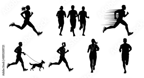 Professional sports silhouettes set showing runners in action including individual joggers and groups plus person running with dog and music player for fitness branding and marathon race decoration