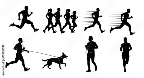 Running people silhouettes sport and workout activity outdoor lifestyle human figures training or exercising male and female runners jogging healthy life design element set