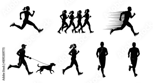 Set of black silhouettes of people running in various scenarios isolated on white background depicting different running styles and situations
