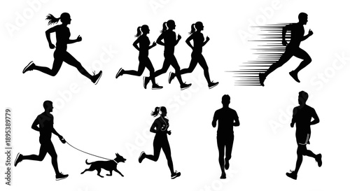 Set of running people silhouettes. various individuals and groups, including a woman, men, and a group of women sprinting. dynamic action. man with dog on leash. healthy active lifestyle vector.