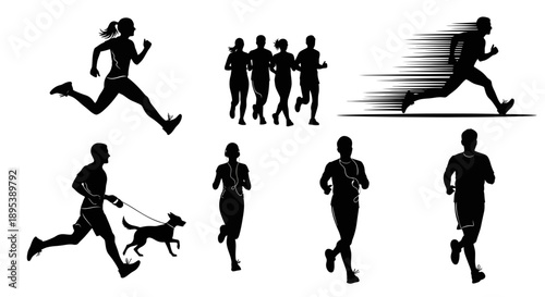 Running silhouettes set. diverse people engaging in jogging and sprinting. group of athletes training. individual runners with different paces. man with dog on leash. healthy lifestyle vectors.