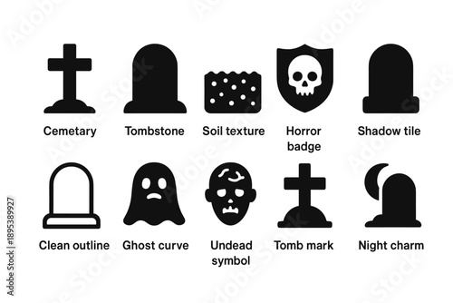 Halloween, cemetery silhouette icon set. Creepy, spooky, horror icons collection