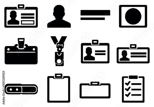 ID Badge Core Components in bold style: ID card, photo placeholder, name text field, role title line, organization logo placeholder, badge holder, lanyard clip. Vector icons