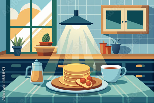 Cozy morning breakfast scene with pancakes, syrup, coffee and warm sunlight in a kitchen interior with plants and soft colors