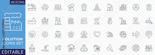 Pollution Line Editable Icons set. Containing Air Pollution, water Pollution, microplastic, trash, gas, toxic Etc. Fully Editable. Vector illustration.