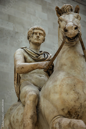 Roman Emperor on Horseback Statue at the British Museum, London: Ancient Marble Equestrian Sculpture of a Noble Figure