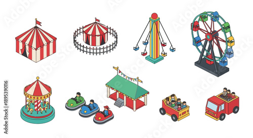 Isometric illustration of a colorful amusement park with various attractions