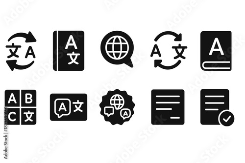Language and translation solid icon set for apps and websites