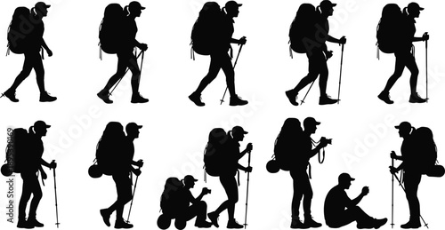Hiking Backpacker Silhouette Set Vector Illustration Showing Trekking Walking Resting Photographer Adventurer Outdoor Travel Activities Isolated Black Figures