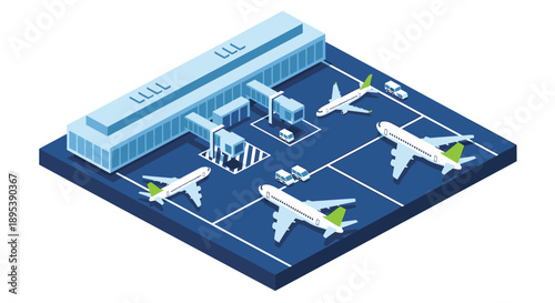 Isometric illustration of a modern airport with planes and terminal buildings