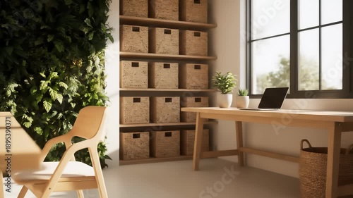 Serene and organized home office space featuring a lush vertical green wall, wooden desk with a laptop, natural light streaming through large windows, and neatly arranged storage boxes.