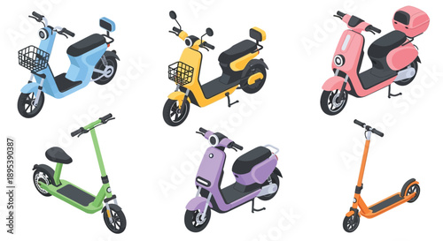 Colorful isometric scooters and electric bikes displayed in a grid pattern