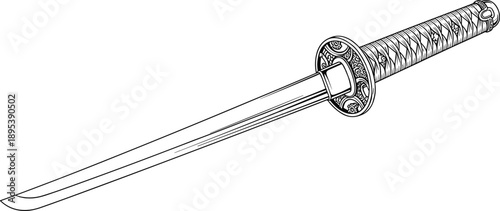 Japanese katana sword illustration, traditional samurai weapon, curved blade art, black and white drawing, martial arts icon, cultural heritage design
