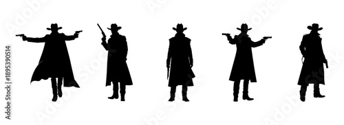 Complete gunslinger cowboy collection vector silhouettes with pistols for western franchise branding rodeo event series and frontier merchandise lines