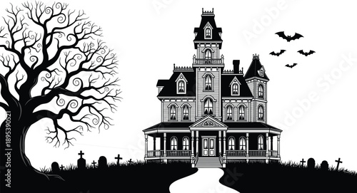 Haunted house illustration, spooky Halloween scene, gothic mansion art, graveyard and bats, eerie black and white drawing, horror themed architecture design