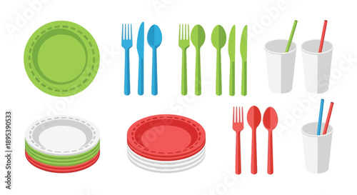 Colorful plastic tableware set including plates cutlery and drinking straws