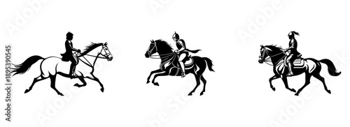 Knight on horse galloping silhouettes collection side view vector for fantasy game asset packs historical documentary series and medieval event branding