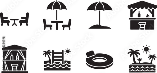Collection of summer beach resort and vacation leisure activity glyph icons