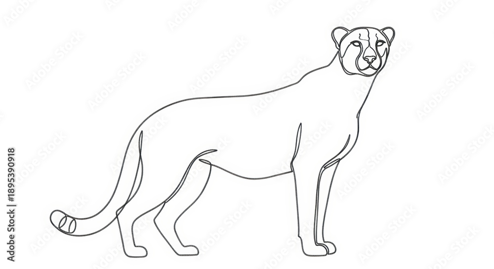 Fototapeta premium Cheetah line art drawing isolated on white background, wild animal outline illustration