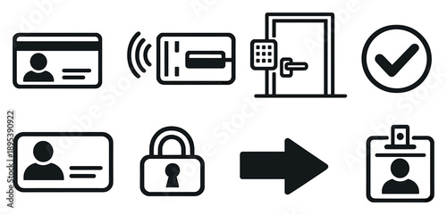 Keycards overview in outline style: access card, card reader, secure door, authentication checkmark, user ID profile, permission lock, entry arrow, security. Vector icons