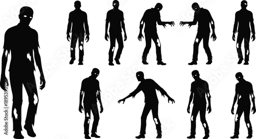 Zombie silhouette set, horror character design, Halloween undead figures, creepy walking poses, black and white illustration, spooky monster concept, eerie undead lineup