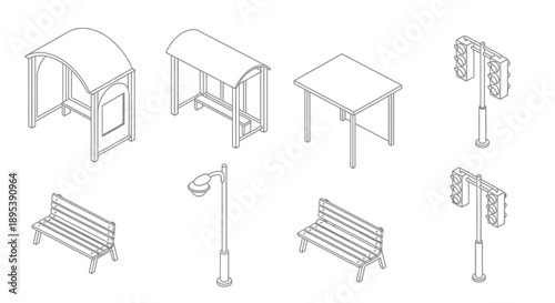 Isometric illustrations of urban street furniture and public amenities