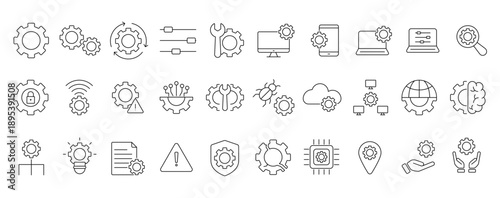 Settings, Setup and Gear Line Icon Set: Technical Support, Engineering, Cloud Processing, and System Optimization Vector Symbols. Editable Stroke