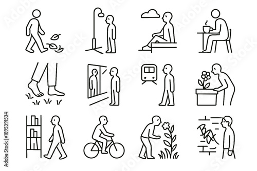 Commuter leaves slow urban quiet icons stillness drink crunch mindfulness icon lamppost