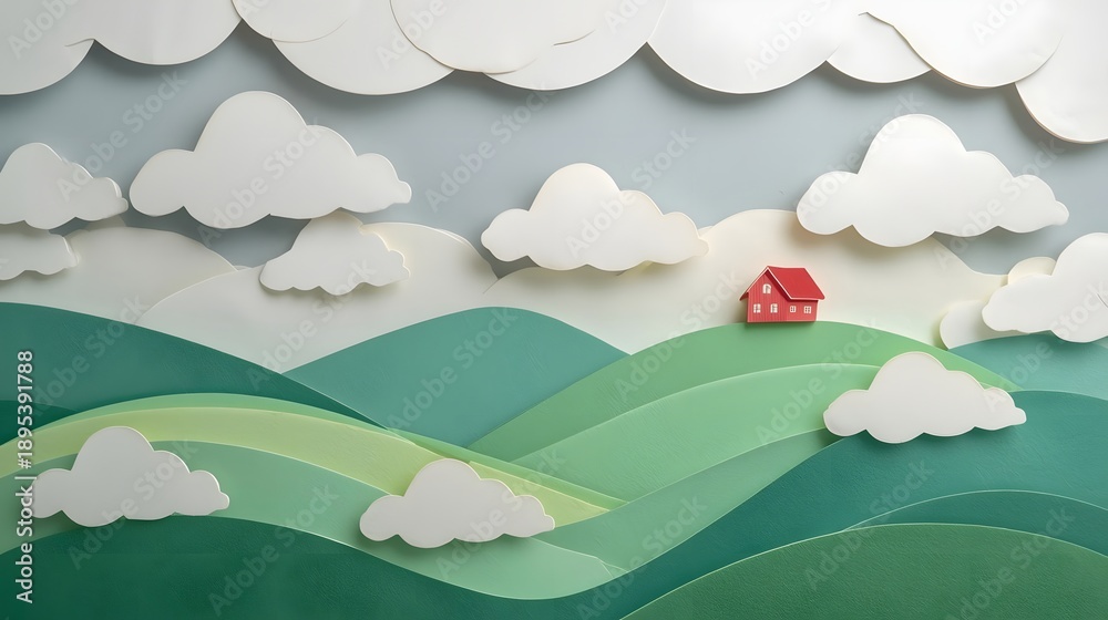 Fototapeta premium Dreamscape Landscape: A serene landscape, with rolling hills and fluffy clouds, showcases a small red house, representing peace and tranquility.