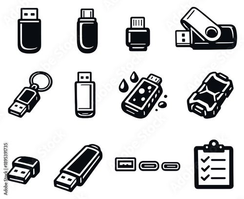 Flash Drive Hardware Types in outline style: USB flash drive, USB C flash drive, micro USB drive, swivel cap drive, keychain flash drive, metal casing drive. Vector icons